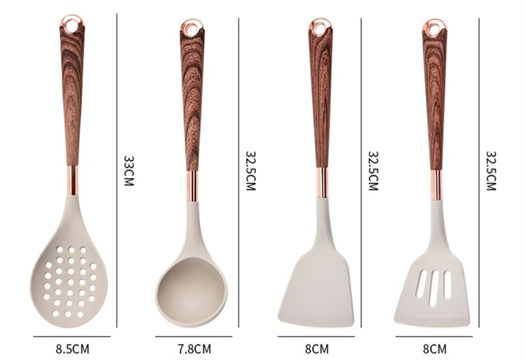 LMETJMA Silicone Kitchen Utensil Set 10 Pcs Cooking Utensil with Utensils Holder Wooden Pattern Handles Nonstick Cookware JT264