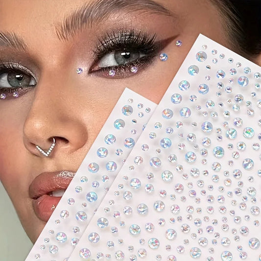 Rhinestone face jewel stickers with round multicolor gems, applied around eyes