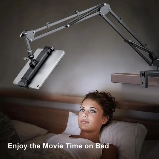 Bed tablet mount stand with long articulated metal arm and adjustable tablet holder