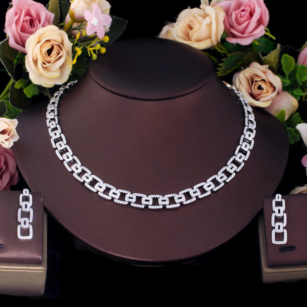 CWWZircons Fashion Micro Pave Cubic Zirconia Cuban Chain Link Engagement Wedding Necklace Earrings Jewelry Sets for Women T0944