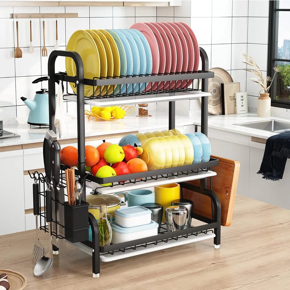 3 Tier Dish Organizer Dish Drying Rack Compact Kitchen Dish Rack Drainboard Set Large Rust-Proof Dish Drainer Kitchen Dish Drain