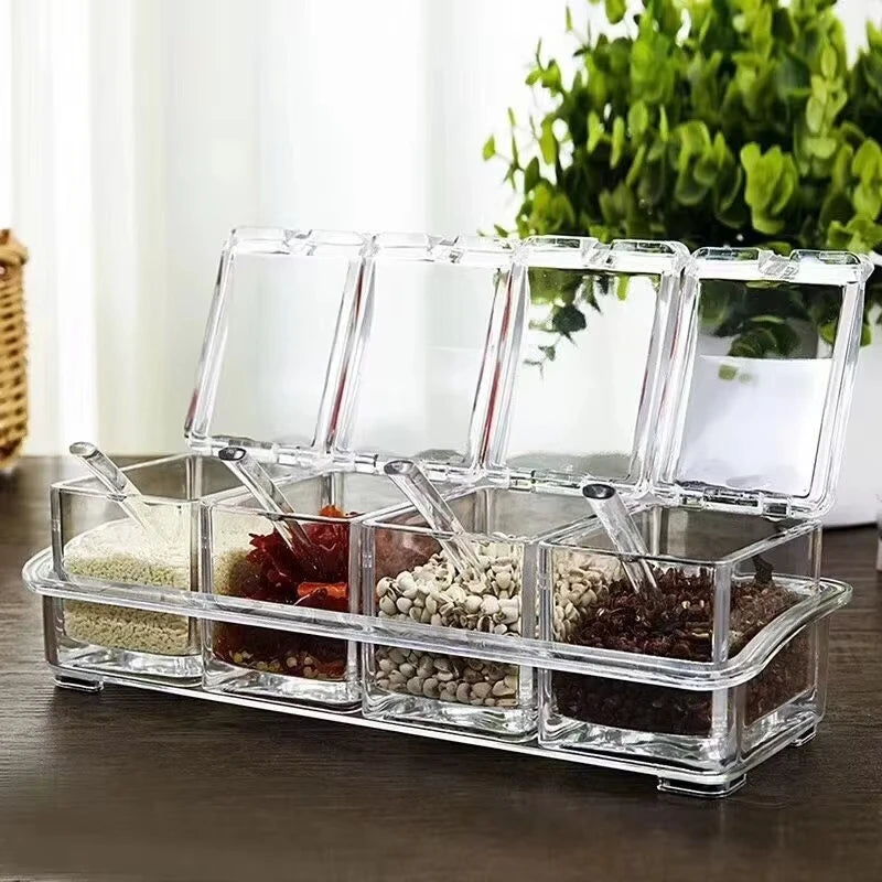 Kitchen Spice Pot 4 Transparent Seasoning Boxes with Cover and Spoon for Storage Containers Seasoning Cans Acrylic Seasoning Box