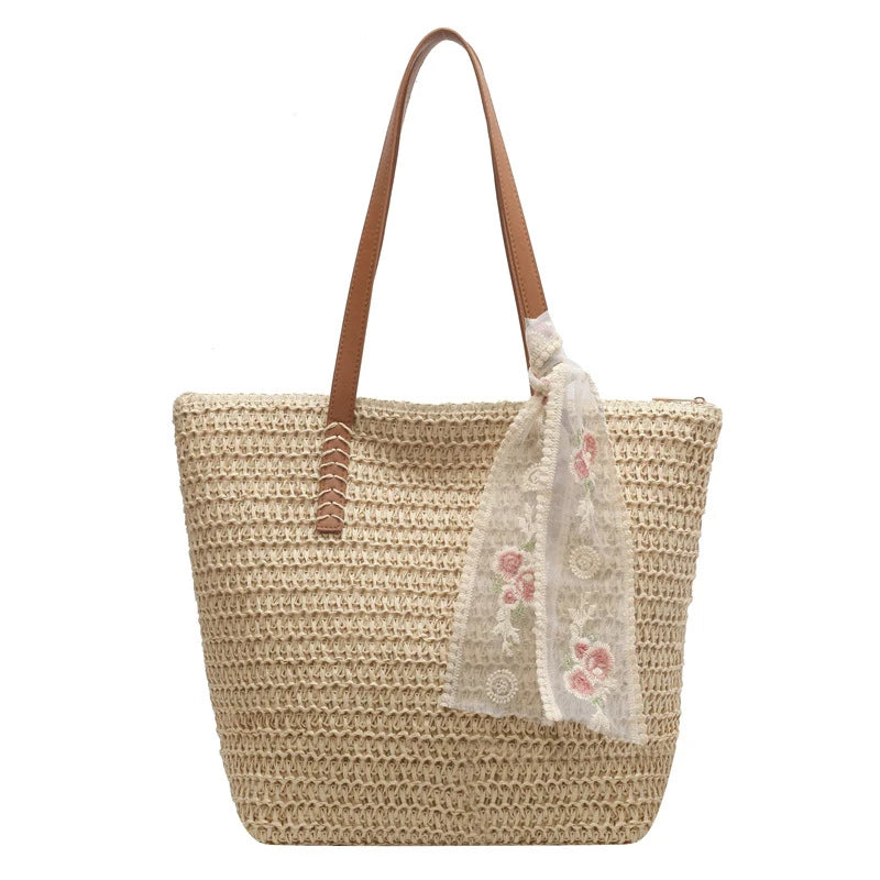 Summer Large Capacity Tote Bag Women Shoulder Bag Handmade Woven Bag Fresh Rural Handheld Grass Woven Women Bag