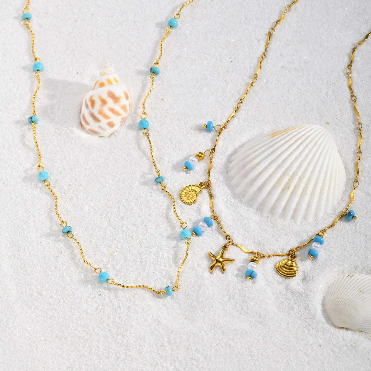 Waterproof Turquoise Necklace Gold Plated Stainless Steel Non-tarnish Wavy Link Chain Bead Choker Necklace Summer Boho Jewelry