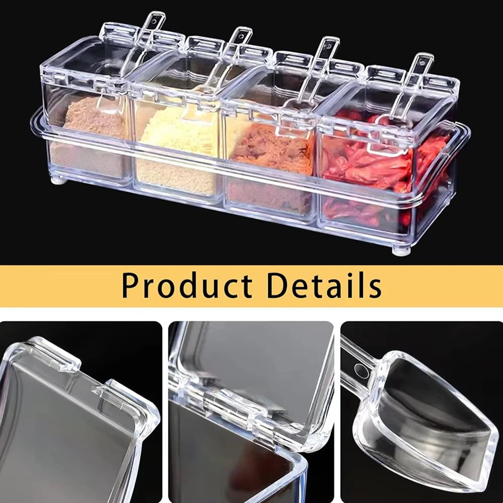 Kitchen Spice Pot 4 Transparent Seasoning Boxes with Cover and Spoon for Storage Containers Seasoning Cans Acrylic Seasoning Box
