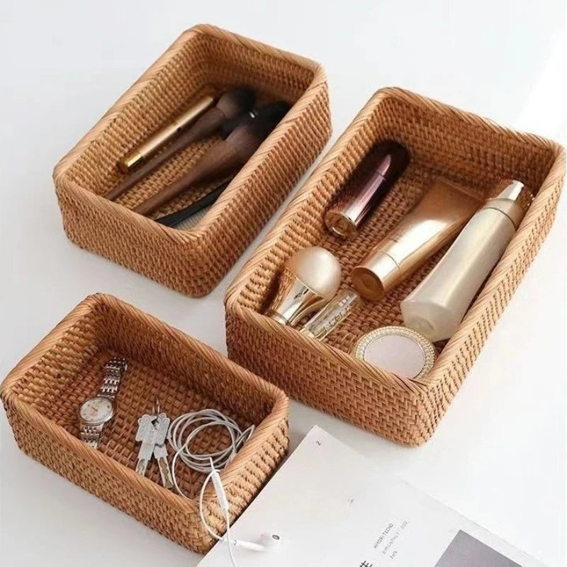Rattan Storage Basket for Home Decor Snack Handmade Woven Nesting Baskets Wicker Storage Box Kitchen Table Household Supplies