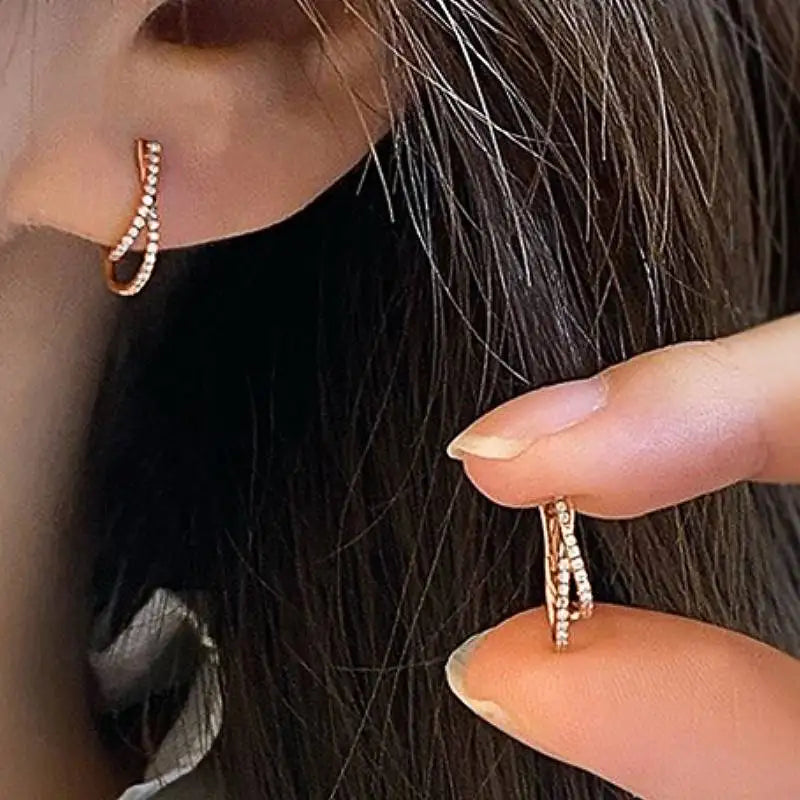 Huitan Rose Gold Color Women Hoop Earrings Cross Design Trendy Party Elegant Lady Wedding Accessories Inlaid Shiny CZ Jewelry