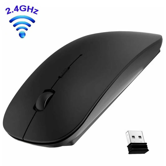 Black slim wireless optical mouse with USB receiver dongle