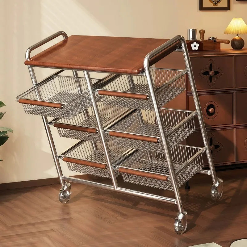 Wooden Rolling Kitchen Cart with 4/8 Baskets, Fruit Vegetable Storage Rack