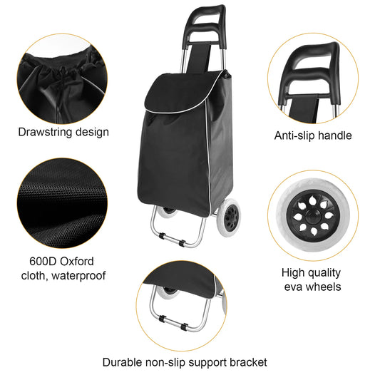Black shopping cart trolley with drawstring bag, non-slip support bracket, and EVA wheels