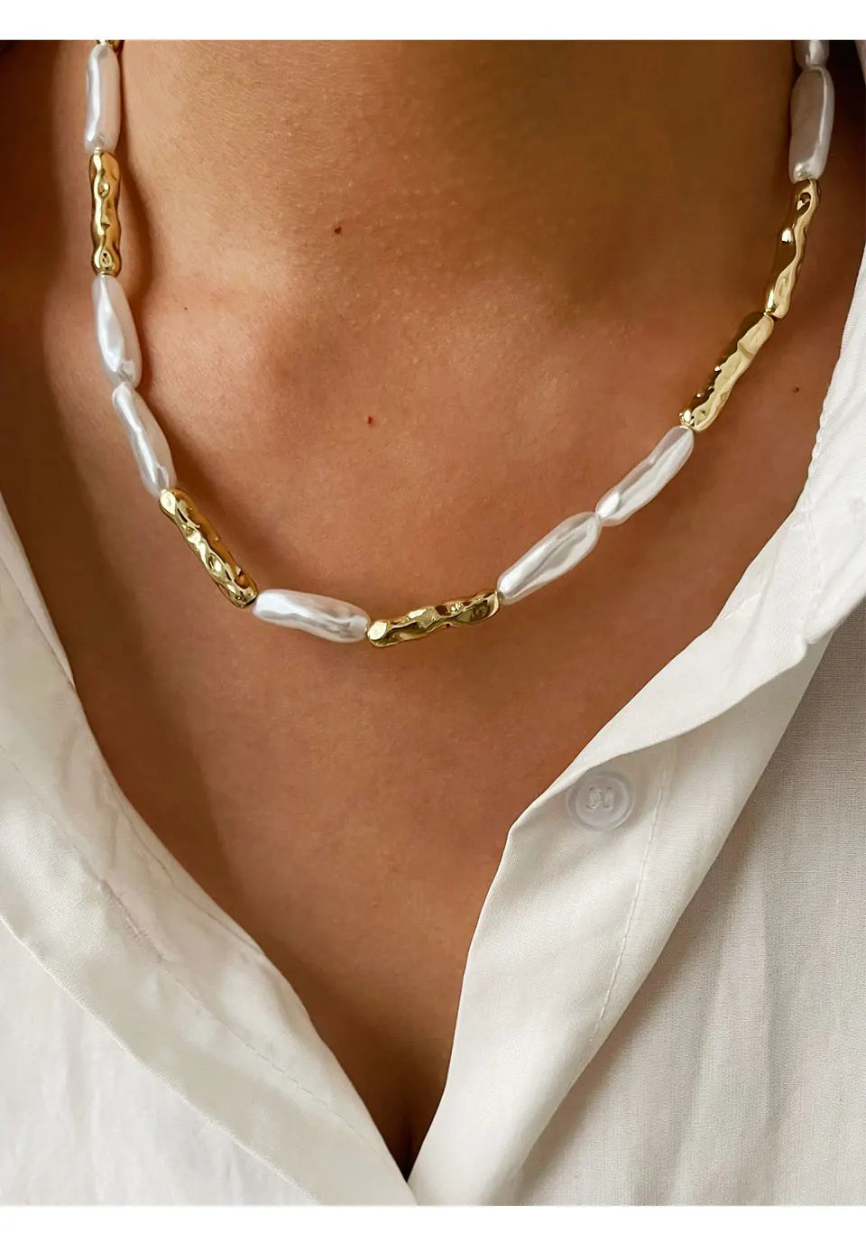 Peri'sbox Vintage Fashion Irregular Imitation Baroque Pearl Metal Copper Necklace for Women Punk Hip-Hop Statement Jewelry Gifts