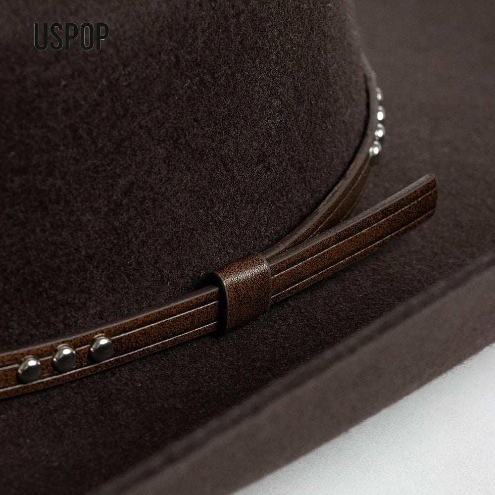 USPOP Autumn Winter Western Cowboy Hat Unisex Casual Studded Wool Felt Hat with Belt  Large Size Fedora Available in Sizes S-XL