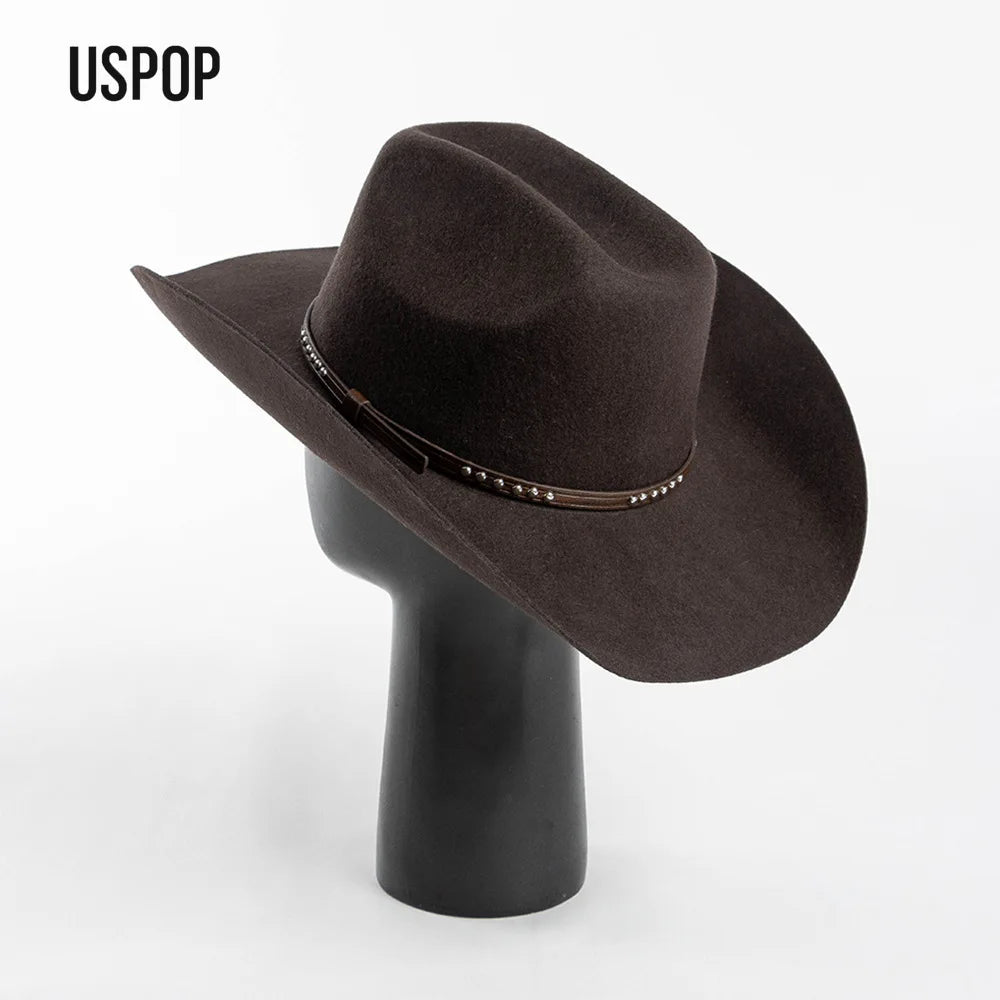 USPOP Autumn Winter Western Cowboy Hat Unisex Casual Studded Wool Felt Hat with Belt  Large Size Fedora Available in Sizes S-XL