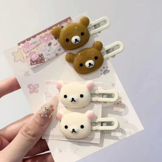 Bear hairpins set featuring brown and white plush bear faces on white clips