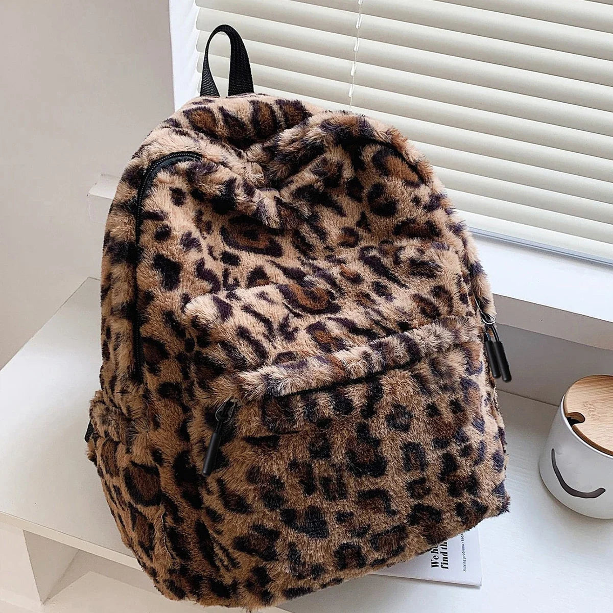 Luxury Brown Leopard Pattern Plush Womens Backpack Large Capacity Backpack Purse Multi Pocket Adjustable Straps For Commute