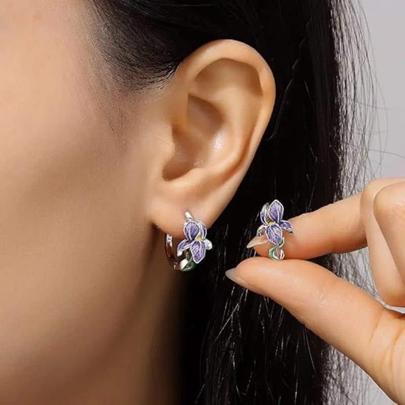 925 Sterling Silver Flower and Plant Series Purple Iris Earrings Exquisite Wedding Party Gifts for Ladies Jewelry Fashion Gifts
