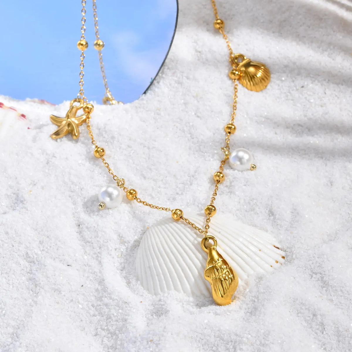 18K Gold Plated Pearl, Shell, Conch, Starfish Summer Beach Necklace for Women, Stainless Steel Waterproof Charm Jewelry