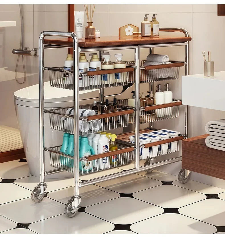 Wooden Rolling Kitchen Cart with 4/8 Baskets, Fruit Vegetable Storage Rack