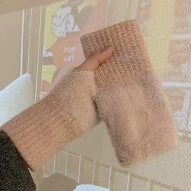 Soft Winter Half Finger Gloves Women Warm Luxury Solid White Plush Knitted Fingerless Gloves Wrist Mittens Writting