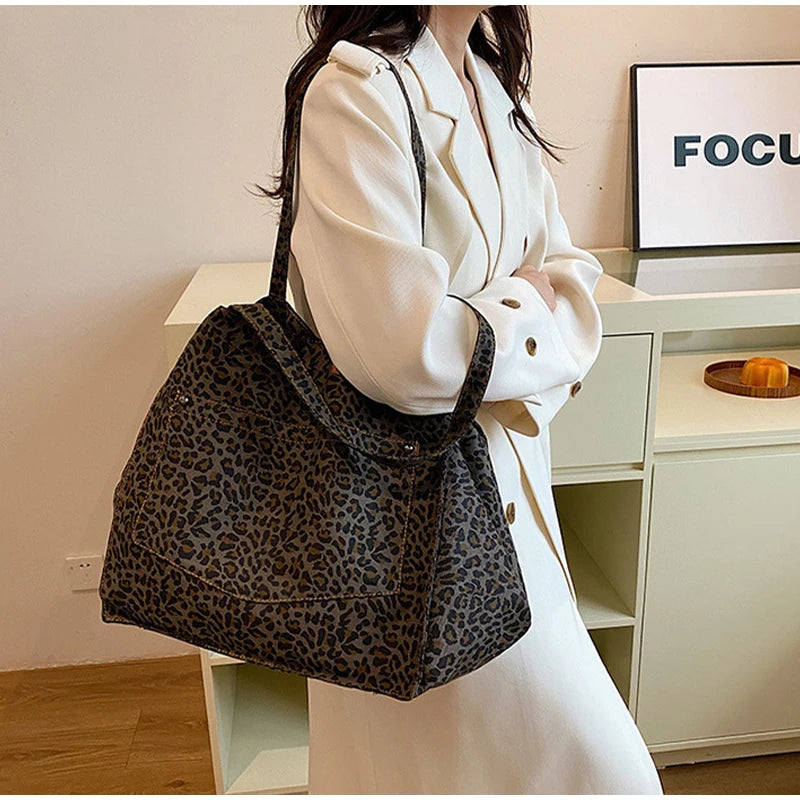 Vintage Leopard Print Women's Handbag Fashion Large Capacity Leopard Print Canvas Bag Underarm Bag Large Shopping Bag Women' Bag