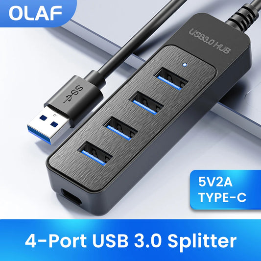 USB 3.0 4-port Type-C hub with four blue-lit USB-A ports and Type-C plug