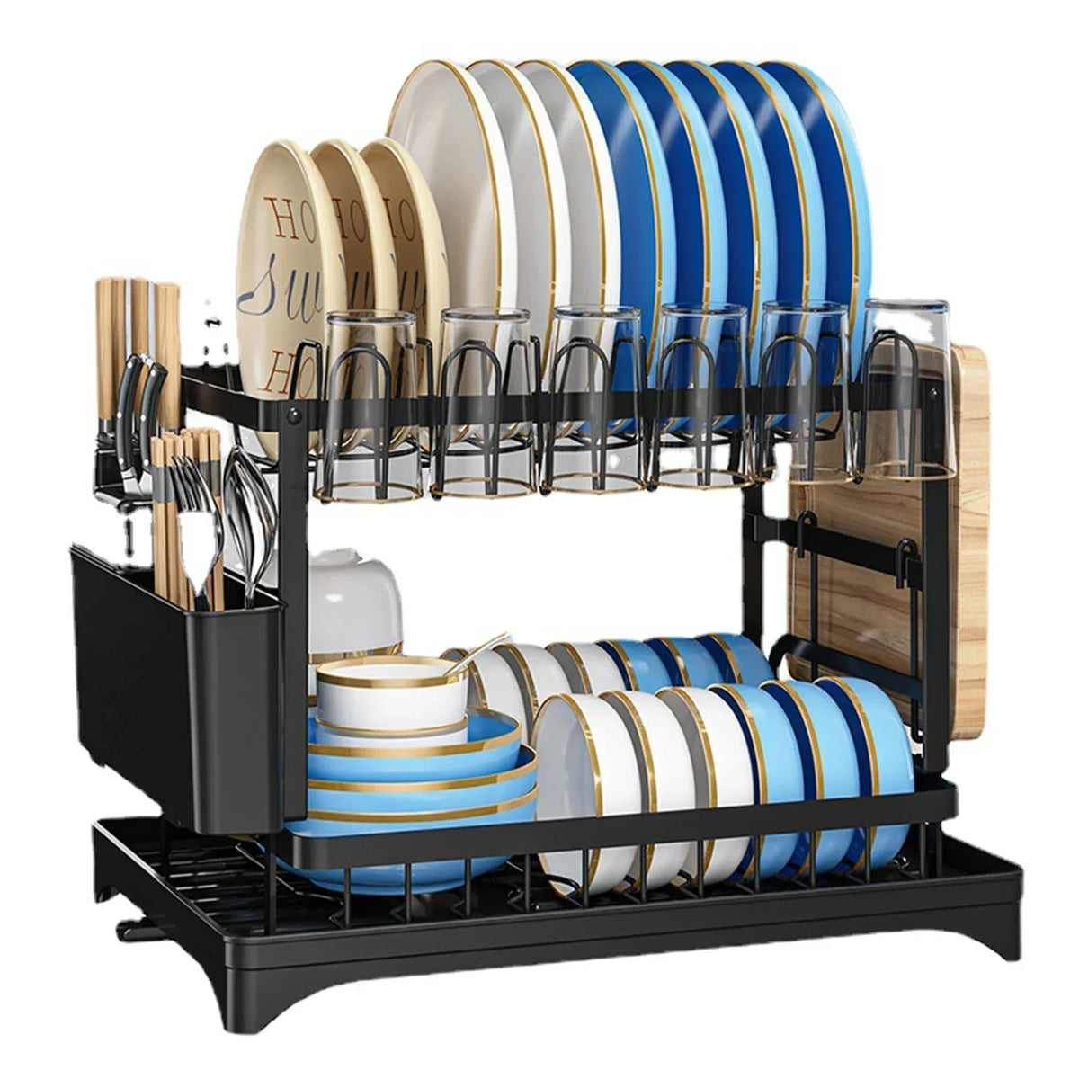 Space Saving Double Tier Dish Drying Rack Rust Resistant Metal With Drain Tray Easy Assemble Kitchen Tableware Holder
