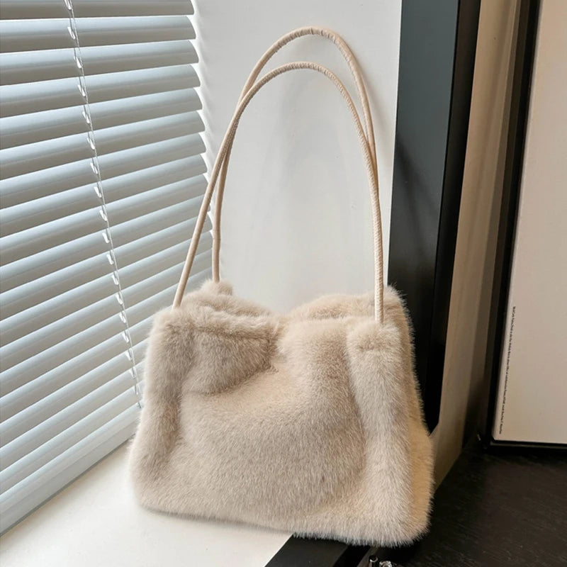 Female Autumn Winter Plush Handbag Versatile Solid Color Chain Crossbody Shopping Bag Women New Design Chain Messenger Bags