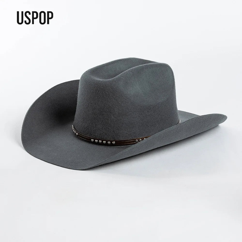 USPOP Autumn Winter Western Cowboy Hat Unisex Casual Studded Wool Felt Hat with Belt  Large Size Fedora Available in Sizes S-XL