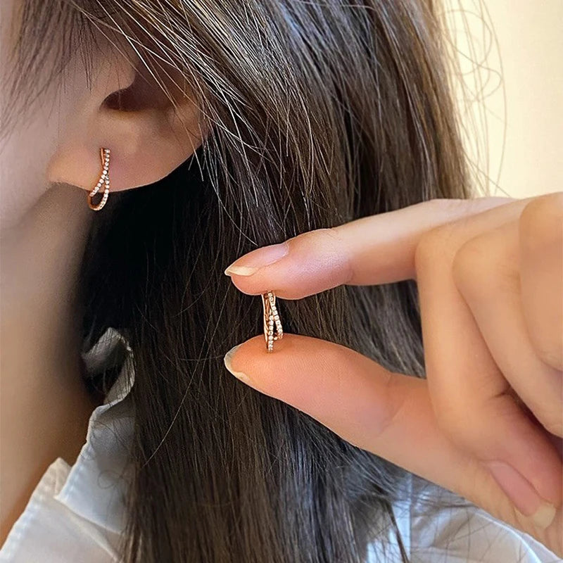Huitan Rose Gold Color Women Hoop Earrings Cross Design Trendy Party Elegant Lady Wedding Accessories Inlaid Shiny CZ Jewelry