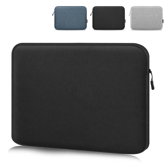 Laptop sleeve case with zip closure, dark fabric exterior and rounded corners
