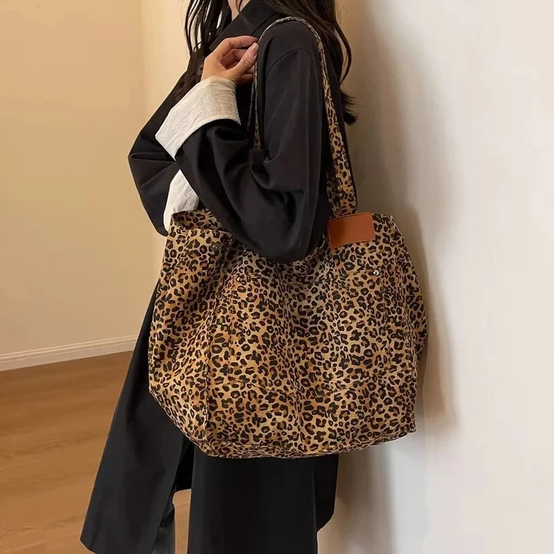 Vintage Leopard Print Women's Handbag Fashion Large Capacity Leopard Print Canvas Bag Underarm Bag Large Shopping Bag Women' Bag