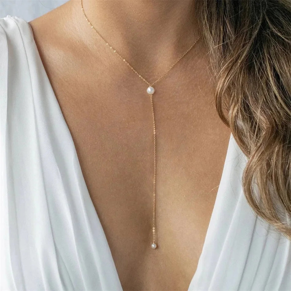 316L Stainless Steel Fashion Golden Color Chain Jewelry Necklace For Women Imitation Pearl Beads Pendant Gifts Jewelry Wholesale