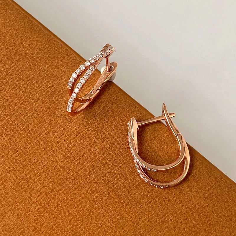 Huitan Rose Gold Color Women Hoop Earrings Cross Design Trendy Party Elegant Lady Wedding Accessories Inlaid Shiny CZ Jewelry