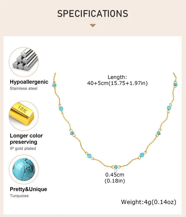 Waterproof Turquoise Necklace Gold Plated Stainless Steel Non-tarnish Wavy Link Chain Bead Choker Necklace Summer Boho Jewelry