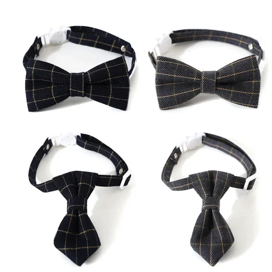 Adjustable breakaway bow tie collar for small pets, black plaid with buckle