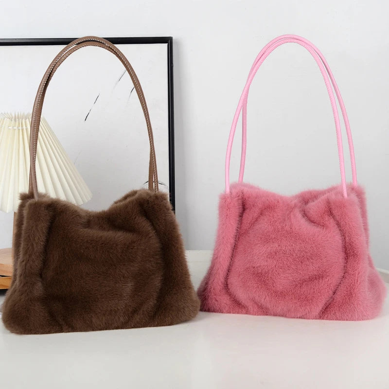 Female Autumn Winter Plush Handbag Versatile Solid Color Chain Crossbody Shopping Bag Women New Design Chain Messenger Bags