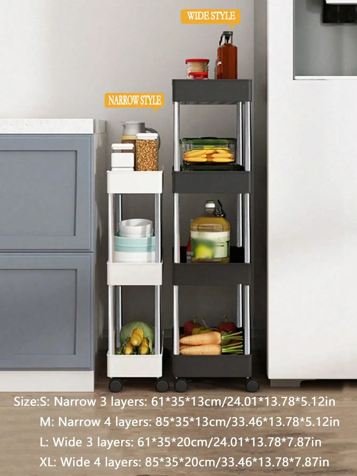 1pcs 3/4 Tier Rolling Utility Cart Storage Shelf Movable Gap Storage Rack Kitchen Bathroom Slim Slide Organizer Shelf Livingroom