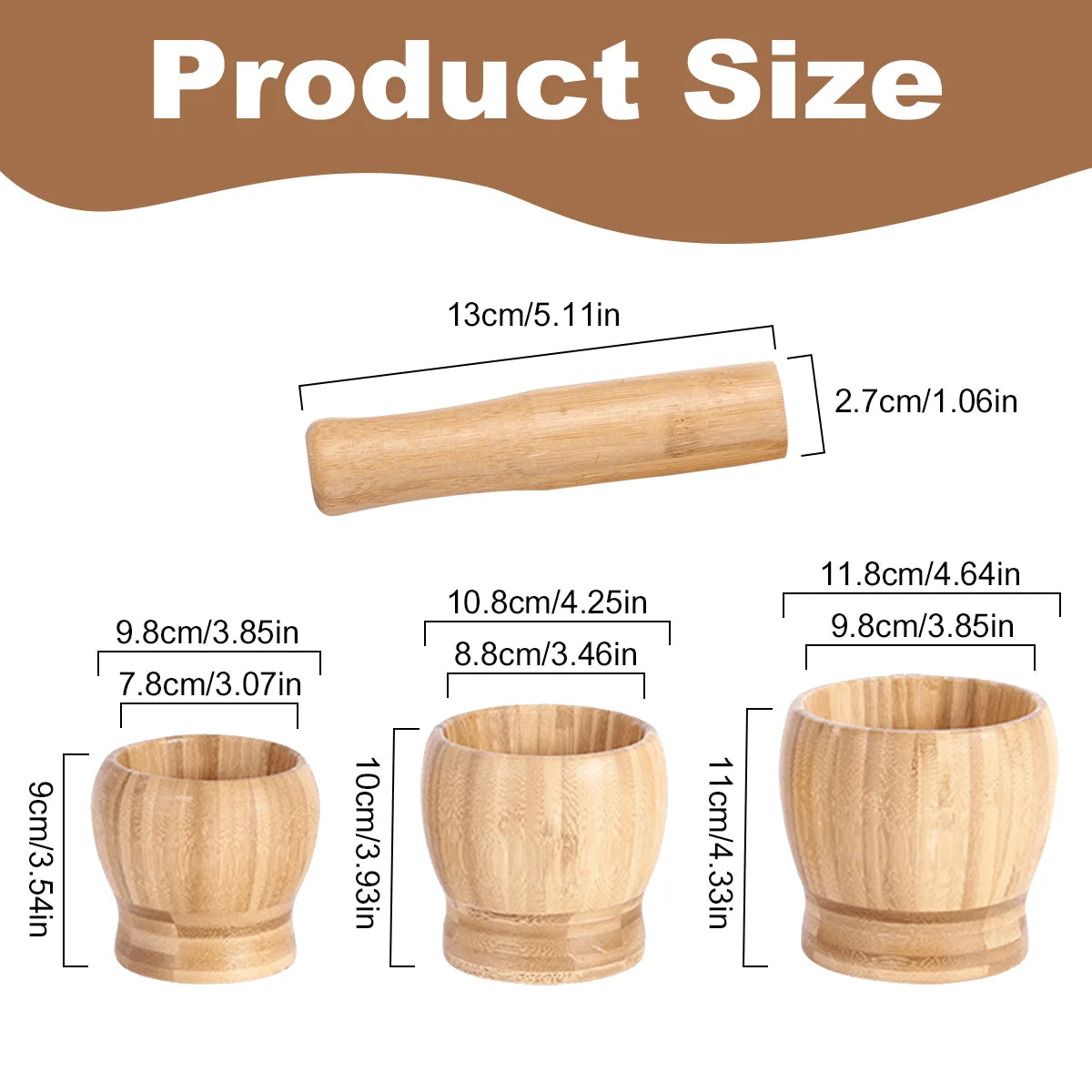 Leeseph Bamboo Mortar and Pestle Set, Garlic Grinder, Herb Spice Masher, Seasoning Crusher, Kitchen Tool for Mash Spices Pepper