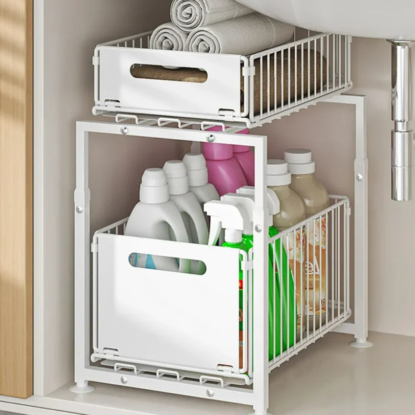 Kitchen Sink Storage Rack Pull-Out Basket Double Layer Spice Snack Bottle Can Organizer Cabinet Multi-level Shelf