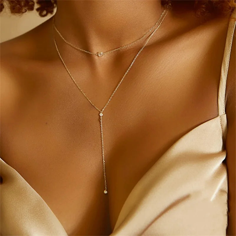 Minimalist Double Layered Y Shaped Collarbone Necklace for Women Popular Long Chain Drop Necklace Girls Party Body Jewelry Gifts