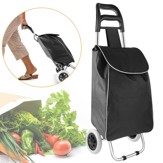 Black grocery trolley with detachable shopping bag, folding frame, and stair-climbing wheels