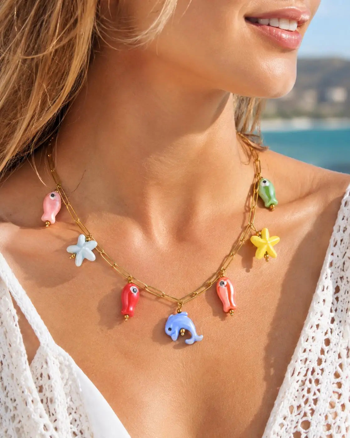 18K Gold Plated Pearl, Shell, Conch, Starfish Summer Beach Necklace for Women, Stainless Steel Waterproof Charm Jewelry