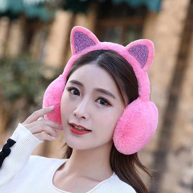 Playful Girls Ear Muffs Cold Protection Warm Hot Lovely Winter Warm Cat Ear Warmers Glitter Ears Plush Earmuffs for Women EZr02