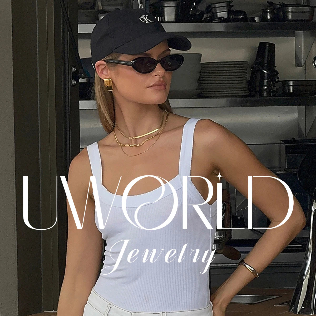 Uworld Simple Classic 18K Gold Color Plated Stainless Steel White Water Rhinestone Lightning Pendant Necklace Stackable Chain Ne