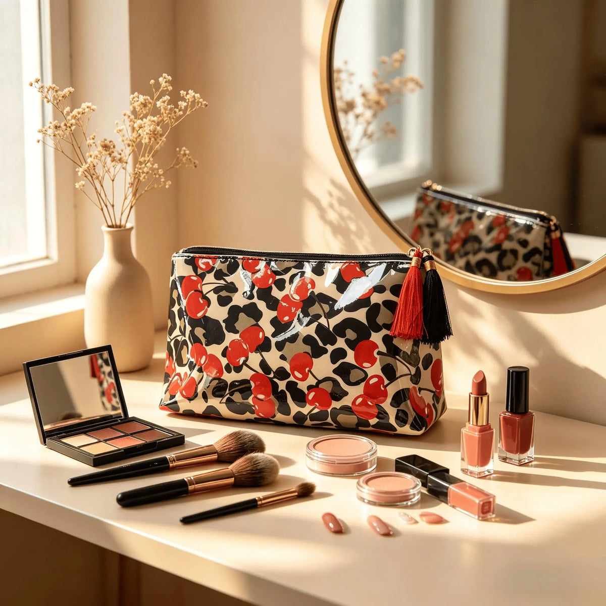 Travel Makeup Bag for Women, Portable Water-resistant Cosmetic Case Puffy Padded Make Up Organizer Pouch, Open Flat Toiletry Bag