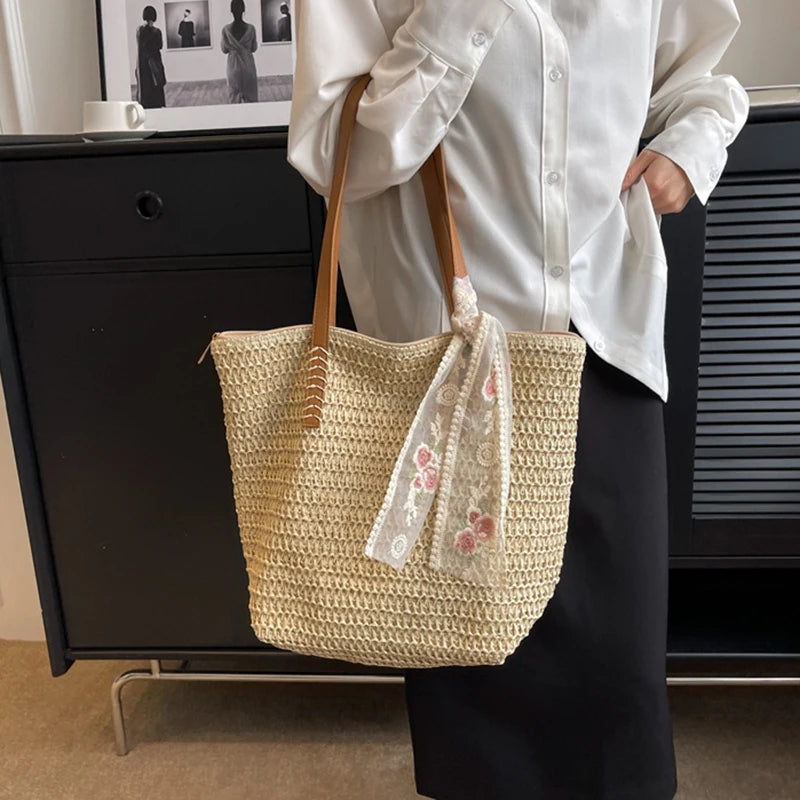 Summer Large Capacity Tote Bag Women Shoulder Bag Handmade Woven Bag Fresh Rural Handheld Grass Woven Women Bag