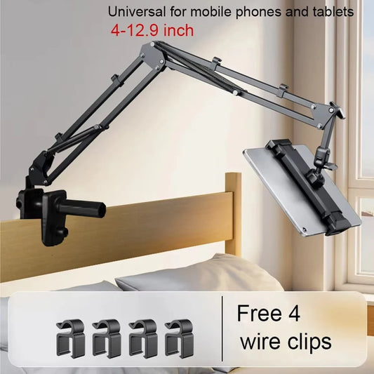 Tablet bed mount stand with long adjustable metal arm and black clamp holder cradle