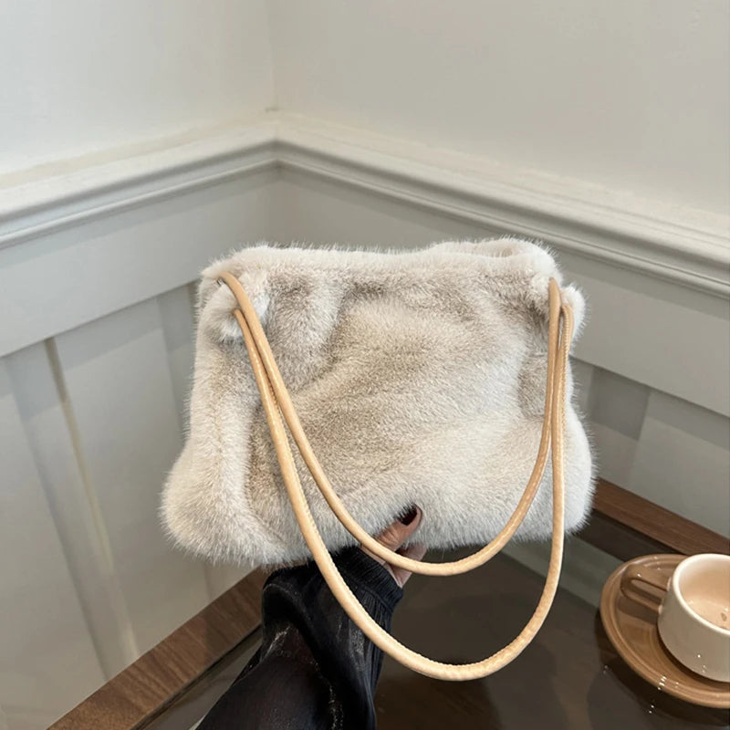 Female Autumn Winter Plush Handbag Versatile Solid Color Chain Crossbody Shopping Bag Women New Design Chain Messenger Bags