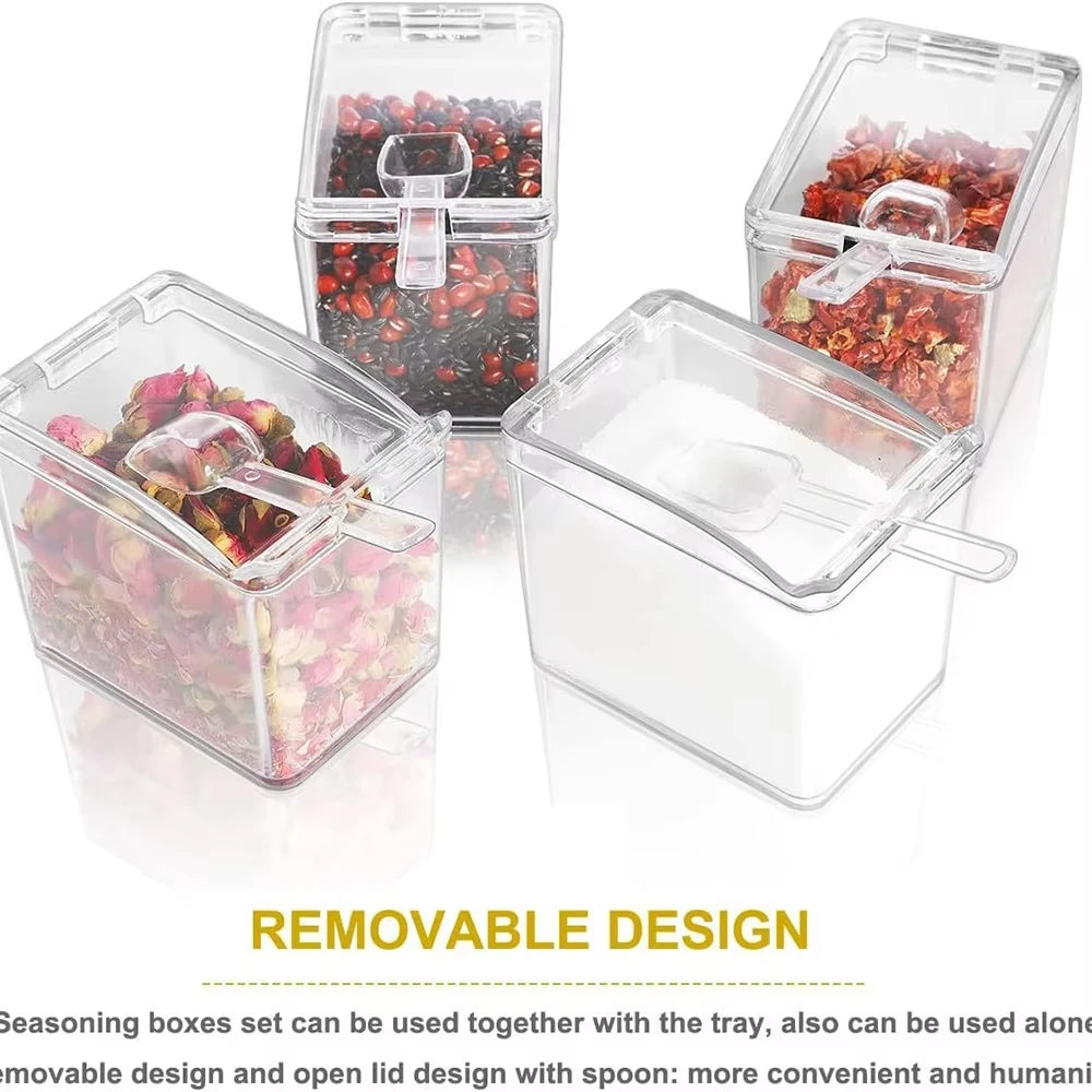 Kitchen Spice Pot 4 Transparent Seasoning Boxes with Cover and Spoon for Storage Containers Seasoning Cans Acrylic Seasoning Box