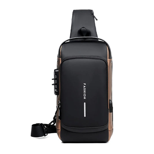 Men’s anti-theft crossbody sling bag, black with tan side panels and front pocket.